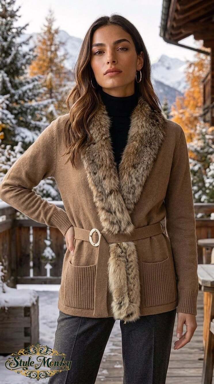 Trina Turk Faux Fur Trim Camel Cardigan Sweater